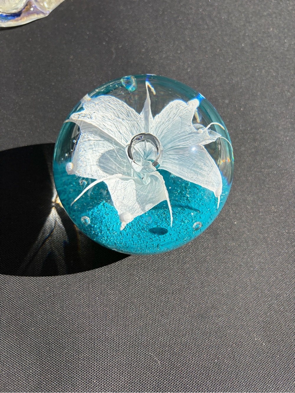 Handblown Glass Floral Paperweight in Turquoise and White